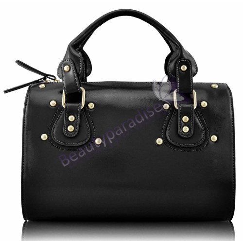 Glossy Black Studded Fashion Satchel Handbag
