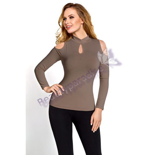 Long Sleeve Top With Open Shoulder Gray Brown