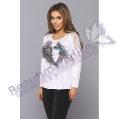 Whitw Long Sleeve Top With Translucent Mesh On Shoulder
